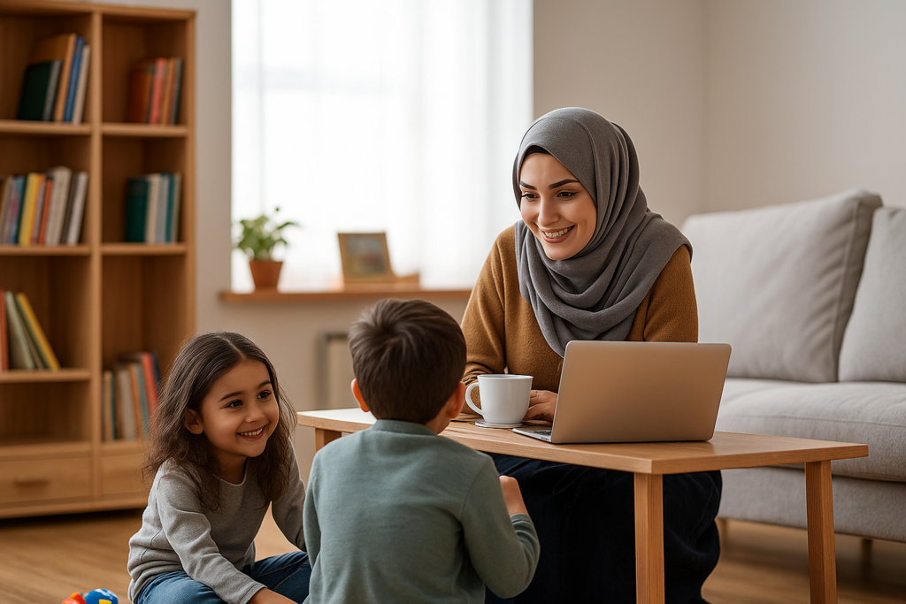 Mother working on laptop while handling kids