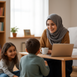 Mother working on laptop while handling kids
